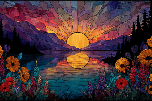 Download Sunset Lake Mountain Stained Glass Art - Mountain Collection